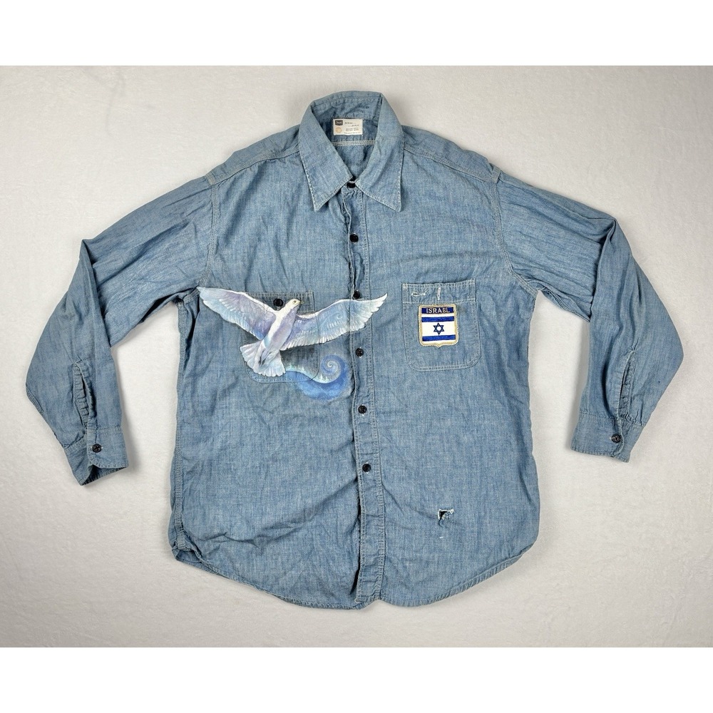 Vintage 1960s Sears‎ Chambray Work Shirt Hand Painted Dove Israel Patch USA